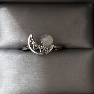 Rainbow Moonstone Crescent Moon Ring